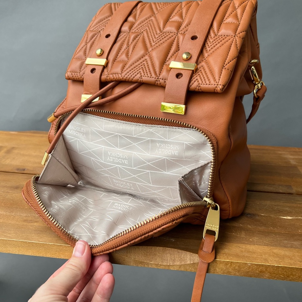 Badgley Mischka Quilted Tan Backpack - Picture 11 of 12